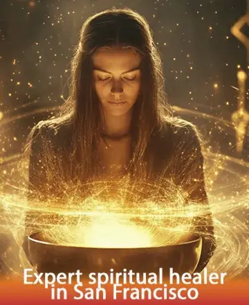 Bathed in a gentle, golden glow, a serene figure cradles a luminous bowl, radiating warmth and tranquility. The swirling light envelops her, creating an atmosphere of deep peace and spiritual connection. This image embodies a sense of harmony and inner calm. Expert spiritual healer in San Francisco.