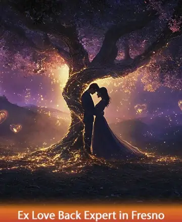In a serene embrace beneath the enchanting glow of a twilight tree, two souls find solace and connection. The scene is bathed in warmth and magic, inviting a sense of peace and unity. Rekindle your heart's desires with an ex love back expert in Fresno.