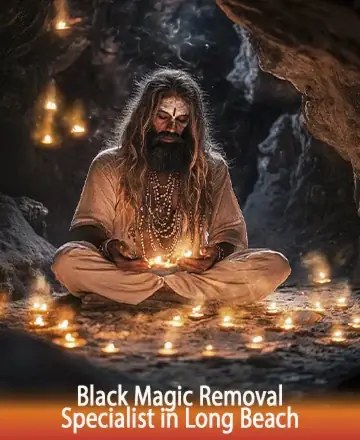 In the serene embrace of a softly lit cave, a wise figure sits in tranquility, surrounded by a gentle glow of flickering candles. The atmosphere is filled with peace and introspection, inviting a sense of calm and healing. Black magic removal in Long Beach.