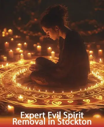 In a serene embrace of glowing candlelight, a peaceful figure sits surrounded by intricate, luminous symbols, exuding tranquility and inner strength. This gentle scene invites a sense of calm and reassurance, guiding you toward a path of healing and peace. Expert evil spirit removal in Stockton.