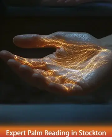 A hand gently opens, illuminated by warm, golden light that flows like gentle streams of energy, inviting peace and introspection. This serene image evokes the timeless wisdom found in the lines of one's palm, offering a path to inner clarity and comfort. Expert palm reading in Stockton.