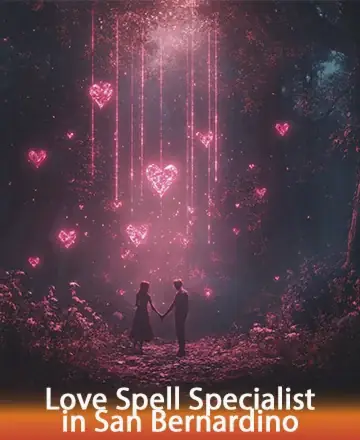 In a serene forest illuminated by soft, glowing hearts, two souls stand together, embraced by the gentle warmth of love and connection. This enchanting scene whispers of unity and the magic of shared dreams, offering solace to hopeful hearts. Love spell specialist in San Bernardino.