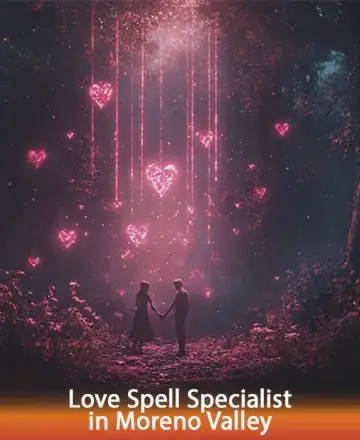 In a serene forest bathed in ethereal pink light, two figures stand hand in hand, surrounded by floating hearts. The scene whispers of deep connection and tender harmony, where nature cradles love in its gentle embrace. Love spell specialist in Moreno Valley.