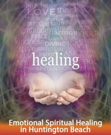 In a gentle embrace of serene colors, open hands cradle a warm light, symbolizing the nurturing power of healing. Words of love, peace, and harmony surround, inviting a sense of profound tranquility and spiritual renewal. Emotional spiritual healing in Huntington Beach.