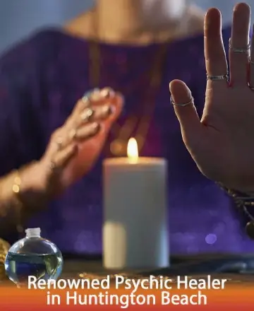 In a serene moment of tranquility, gentle hands hover over a softly glowing candle, casting a warm, inviting light. The atmosphere is imbued with a sense of peace and calm, inviting you to explore a journey of inner wisdom and healing. Psychic healer in Huntington Beach.
