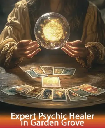 In the serene glow of a mystical orb, gentle hands guide ancient tarot cards, inviting a moment of reflection and peace. The soft illumination offers wisdom and comfort, creating a space for spiritual discovery and healing. Psychic healer in Garden Grove.