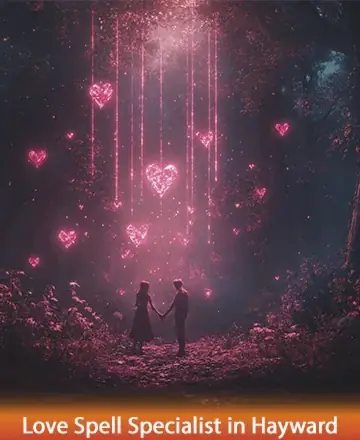 In the gentle embrace of a mystical forest, two souls connect under a cascade of glowing hearts, symbolizing the profound magic of love. This serene scene invites you to explore the depths of your heart with trust and warmth. Love spell specialist in Hayward.