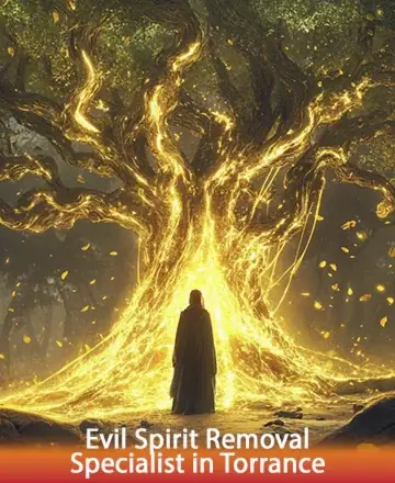 In a serene forest, a majestic tree glows with golden light, casting warmth and tranquility. A solitary figure stands beneath, enveloped in its peaceful embrace, symbolizing protection and renewal. This image evokes trust and serenity. Evil spirit removal in Torrance.
