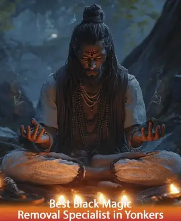 A serene scene of a mystical figure sitting cross-legged in a meditative pose. The person has long hair, a beard, and is adorned with multiple beaded necklaces. They are wearing traditional, simple garments, and their eyes are closed. Surrounding them are small, glowing candles, casting a warm glow in a forested setting with subtle blue lighting. The text on the image reads, 