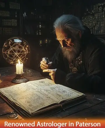 In a serene, softly lit room filled with ancient wisdom, a gentle sage pours over sacred texts, his presence emanating warmth and understanding. A glowing globe and flickering candlelight add to the tranquil ambiance, inviting a sense of peace and reflection. Astrology insights in Paterson.