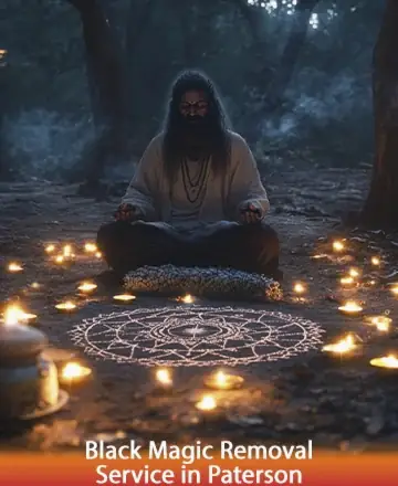 In the serene embrace of nature, a wise soul sits surrounded by gentle candlelight, exuding tranquility and deep wisdom. The intricate patterns on the ground reflect a journey towards peace and clarity. Trust in the warmth of this sacred space. Black magic removal in Paterson.