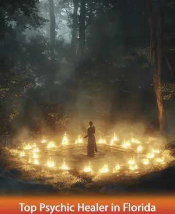 In a tranquil forest clearing, a figure stands gracefully within a circle of gentle flames, their warm glow weaving a tapestry of serenity and peace. The surrounding trees whisper ancient secrets, inviting a journey of inner healing and spiritual awakening. Psychic healing in Florida.