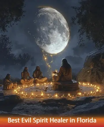 In the serene embrace of a moonlit night, wise souls gather in a circle of light, evoking a sense of peace and unity. The gentle glow of candles mirrors the warmth of shared wisdom and deep spiritual connection, guiding hearts toward healing and understanding. Best evil spirit healer in Florida.