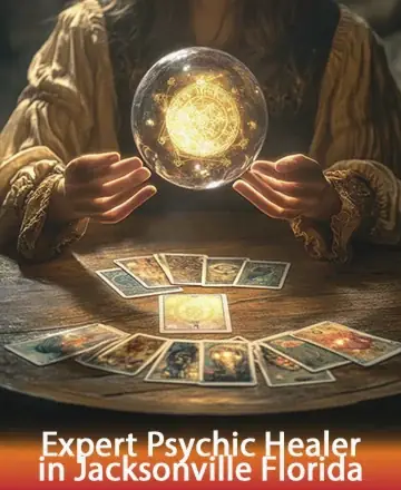 In a serene and softly lit setting, gentle hands cradle a glowing orb, casting a warm light over an array of beautifully detailed tarot cards. This tranquil scene invites reflection and inner peace, offering a sense of comfort and understanding. Psychic healer in Jacksonville Florida.