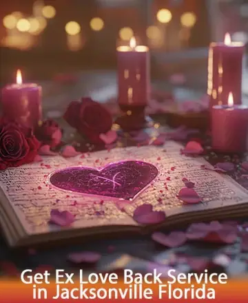 In the gentle glow of flickering candles, a heart symbol rests lovingly upon an open book, surrounded by delicate rose petals. This serene setting whispers of rekindled connections, inviting serenity and warmth into your heart. Reunite with love in Jacksonville, Florida.