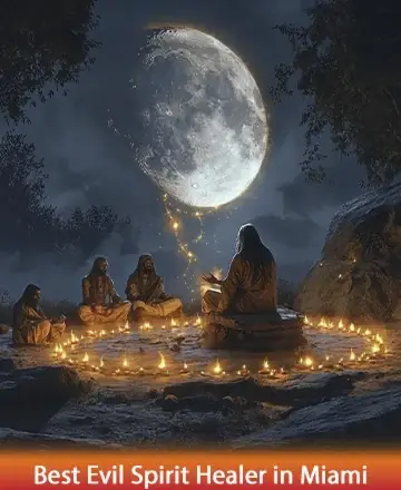 In a serene moonlit gathering, wise souls sit encircled by the gentle glow of candlelight, creating a sacred space of harmony and connection. The peaceful ambiance invites reflection and inner peace, fostering a sense of trust and deep spiritual support. Evil spirit healer in Miami.
