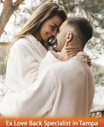 Romantic couple embracing outdoors wrapped in white robes, smiling affectionately. Text overlay reads 