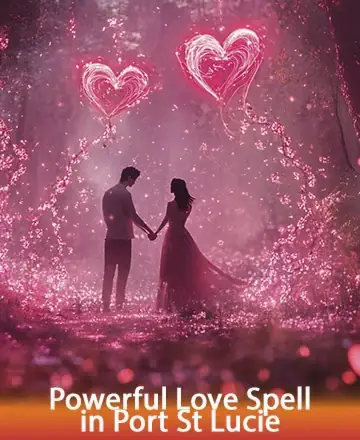 In a serene woodland bathed in a gentle, rosy glow, two silhouettes stand united, surrounded by ethereal hearts that dance gracefully in the air. This enchanting scene whispers of deep connection and tender emotions, evoking warmth and serenity. Love spell in Port St. Lucie.