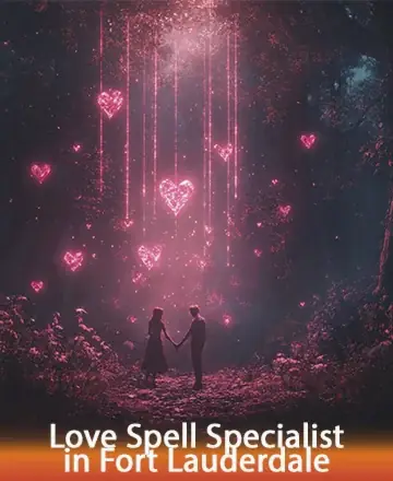 In a serene forest bathed in a gentle, rosy glow, two souls unite under a cascade of shimmering hearts. This enchanting scene whispers of deep connections and timeless love, inviting warmth and serenity to all who seek it. Love spell specialist in Fort Lauderdale.