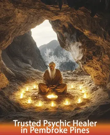 In the serene embrace of a secluded cave, a wise soul sits in peaceful meditation, surrounded by a gentle circle of glowing candles. This tranquil scene invites you to find solace and inner calm, guided by wisdom and warmth. Trusted psychic healer in Pembroke Pines.