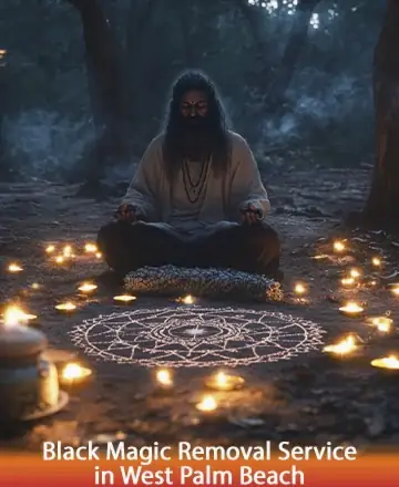 In the tranquil embrace of a forest, a serene figure meditates amidst a circle of soft, glowing candles. The intricate patterns drawn on the earth whisper of ancient wisdom and peaceful energies, inviting calm and balance into your spirit. Black magic removal service in West Palm Beach.
