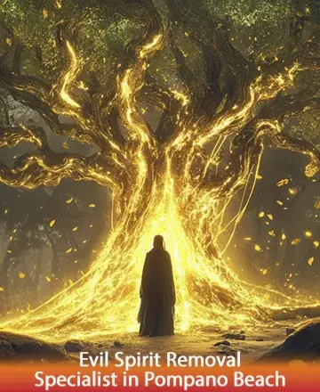 Beneath the majestic embrace of a luminous, ancient tree, a serene figure stands enveloped in warm, golden light. This enchanting scene radiates tranquility and deep connection with nature, offering a sanctuary of peace and wisdom. Evil spirit removal specialist in Pompano Beach.