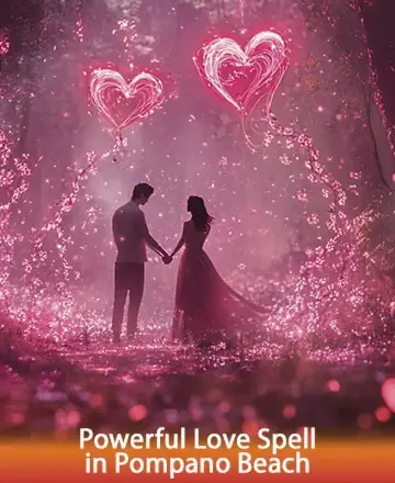 In a serene forest bathed in gentle, rosy light, two souls stand hand in hand, enveloped by shimmering hearts of love and tenderness. This enchanting scene whispers of deep connections and tranquil harmony. Rekindle your heart’s desires with a powerful love spell in Pompano Beach.