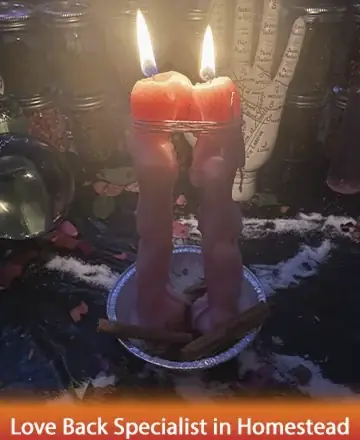 In a serene setting, two entwined candles burn brightly, casting a warm glow that soothes the soul. Surrounded by gentle symbols of harmony, the scene invites a sense of deep connection and renewal. Love back specialist in Homestead.