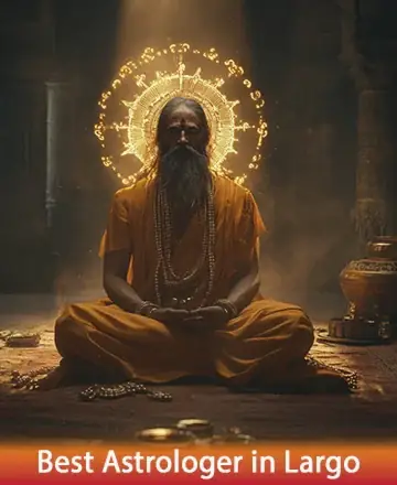 In the gentle glow of a sacred space, a wise figure sits in serene meditation, radiating warmth and peace. The light softly encircles, offering a sense of comfort and timeless wisdom. Trust in a journey of inner discovery. Best astrologer in Largo.
