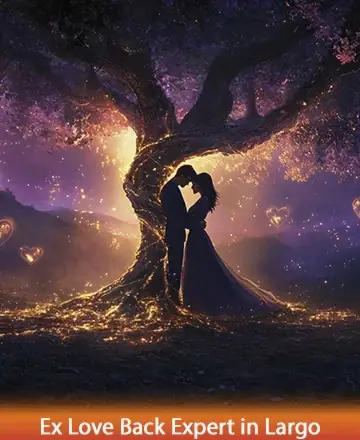In a serene, magical forest, under a tree illuminated by gentle, golden lights, two souls embrace, enveloped in a warm aura of love and connection. This enchanting scene whispers of healing and harmony, inviting peace into the heart. Ex love back expert in Largo.