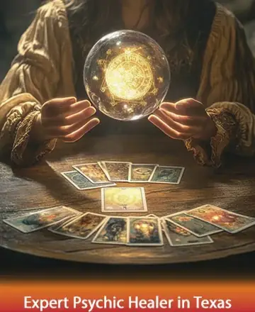 In a serene, warmly lit setting, gentle hands cradle a glowing orb, casting a soft radiance over a circle of beautifully illustrated tarot cards. This tranquil scene invites you to explore the depths of your spirit with trust and wisdom. Expert psychic healer in Texas.