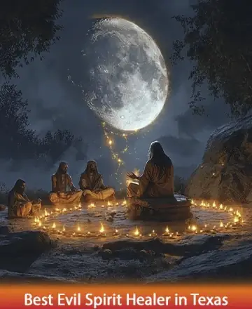 In a serene forest clearing under the gentle glow of a radiant full moon, wise figures gather in peaceful reflection. Surrounded by the warm light of flickering candles, they share a moment of connection and healing. Best evil spirit healer in Texas.