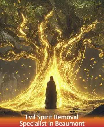 In the serene embrace of an ancient, glowing tree, a solitary figure stands enveloped in golden light, symbolizing the triumph of peace and wisdom over turmoil. This tranquil scene invites you to find solace and healing in its gentle energy. Evil spirit removal in Beaumont.