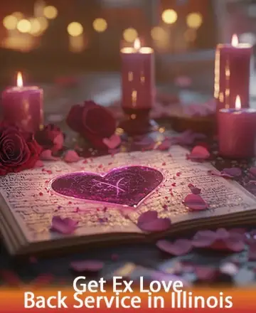 In a serene setting adorned with warm candlelight and delicate rose petals, an open book reveals a glowing heart, symbolizing hope and rekindled emotions. This scene invites a gentle journey of reconciliation and inner peace. Rekindle love in Illinois.