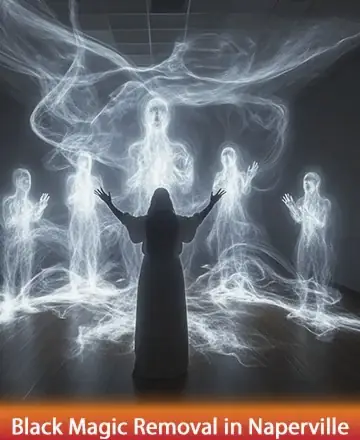 In a serene embrace of ethereal light, a figure stands gracefully, reaching out to the gentle spirits around them. The scene whispers of peace and profound connection, inviting a sense of calm and clarity. Black magic removal in Naperville.