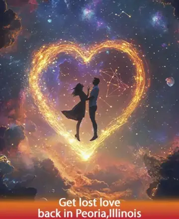 In a mesmerizing cosmic embrace, two souls dance tenderly within a heart of radiant light, evoking feelings of deep connection and serenity. The celestial backdrop whispers timeless promises of love and unity. Rekindle your heart's desires in a nurturing space of hope and healing. Get lost love back in Peoria, Illinois.