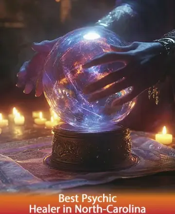 In a serene setting illuminated by gentle candlelight, hands gracefully cradle a luminous crystal ball, emanating a sense of calm and profound insight. This image invites you to explore deeper connections and inner peace. Best psychic healer in North Carolina.