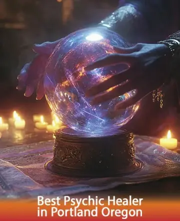 A pair of hands hover over an ornate, glowing crystal ball on a table with candles. The setting is dimly lit, creating a mystical atmosphere. Text reads: 