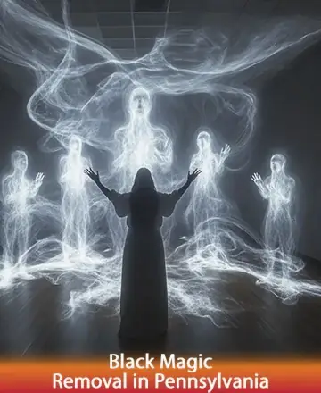 In this serene image, a gentle figure stands surrounded by ethereal light forms, embodying a deep sense of peace and spiritual connection. The atmosphere is one of comfort and trust, inviting a journey toward personal healing. Black magic removal in Pennsylvania.