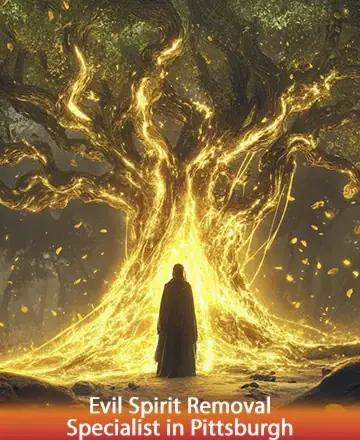 In a serene forest bathed in golden light, a majestic tree radiates warmth and divine energy, enveloping a solitary figure in its gentle embrace. This tranquil scene whispers of wisdom, protection, and deep spiritual connection. Evil spirit removal specialist in Pittsburgh.