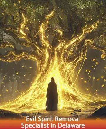 In a serene forest, bathed in golden light, a majestic tree emanates a comforting glow, enveloping a figure in peaceful warmth. The scene radiates tranquility and wisdom, gently guiding the spirit towards harmony and clarity. Evil spirit removal specialist in Delaware.