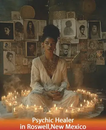 In a serene sanctuary adorned with gentle candlelight, a wise soul sits in tranquil contemplation, surrounded by ancestral portraits whispering timeless wisdom. The atmosphere hums with gentle energy, offering peace and solace to all who seek. Psychic healer in Roswell, New Mexico.