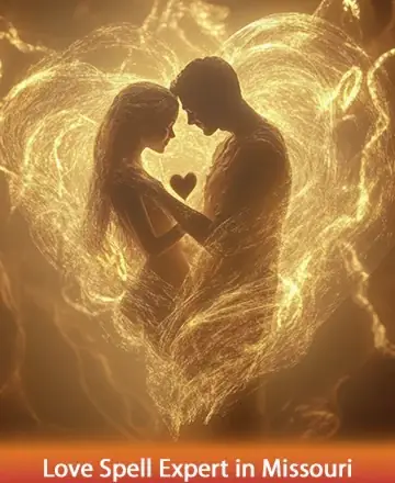 In a gentle embrace, two souls illuminate the warmth and serenity of love's eternal dance. Wrapped in golden light, their connection speaks of trust and deep understanding. This image invites you to embrace harmony and heartfelt connection. Love spell expert in Missouri.