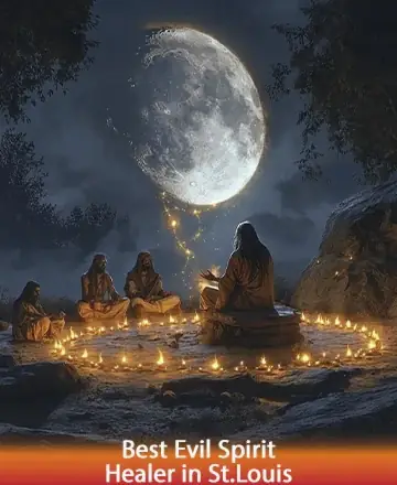 In a serene moonlit grove, wise souls gather around a glowing circle of gentle flames. The air hums with whispers of ancient wisdom, as a sense of calm and unity envelops all present. This sacred moment invites peace and reflection. Evil spirit healer in St. Louis.