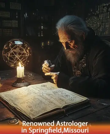 In a warmly lit room, an elderly sage sits deeply focused, pen in hand, surrounded by ancient books and the soft glow of a mystical orb. His presence exudes wisdom and serenity, offering a comforting sanctuary for seekers of truth and guidance. Astrologer in Springfield, Missouri.