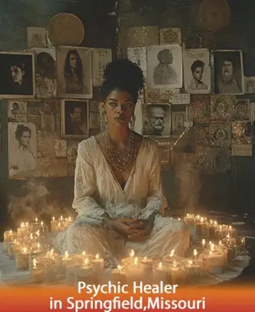 In a serene sanctuary filled with the gentle glow of candles, a wise figure sits in tranquil meditation, surrounded by whispers of history and spirit. The atmosphere radiates warmth and inner peace, inviting you to explore deeper truths. Psychic healer in Springfield, Missouri.