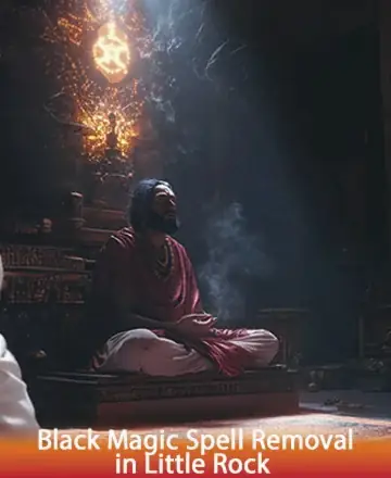 In a serene sanctuary filled with soft, ambient light, a wise guide sits in tranquil meditation. The atmosphere is imbued with a sense of calm and protection, inviting peace into the heart. Black magic spell removal in Little Rock.
