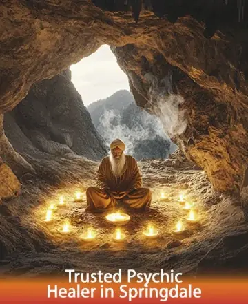 In the serene embrace of a tranquil cave, a wise figure sits surrounded by a comforting circle of glowing candles. The gentle warmth of the light and the peaceful setting evoke a deep sense of calm and inner balance. Trusted psychic healer in Springdale.