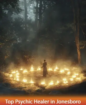 In the heart of a tranquil forest, a gentle figure stands surrounded by a circle of soft, glowing lights. The serene atmosphere whispers of ancient wisdom and nurturing energy, inviting peace and introspection. This sacred space offers solace and renewal. Top psychic healer in Jonesboro.