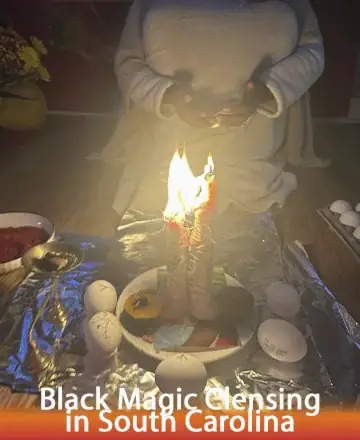 In the gentle glow of candlelight, a serene figure cradles the essence of tranquility, surrounded by symbols of peace and renewal. This sacred space invites a journey of inner healing and balance. Black magic cleansing in South Carolina.